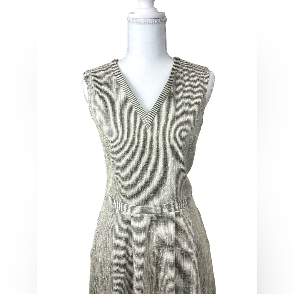 Theory Textured Linen Silk V Neck Fit and Flare Mini Dress Stripe Cream sz 6 - Picture 2 of 9